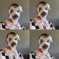 four pictures of a man with a face covered in icing